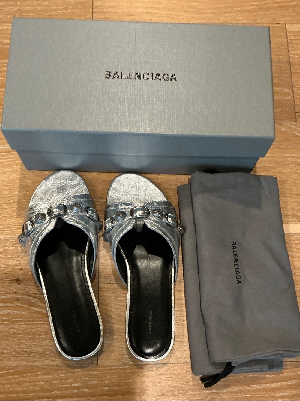 Balenciaga Cagole Metallic Silver Stud Flat Sandal